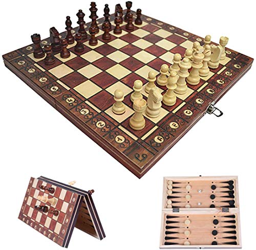 3 in 1 Folding Wooden CHESS CHECKERS BACKGAMMON Board BRAIN Game Home Outdoor