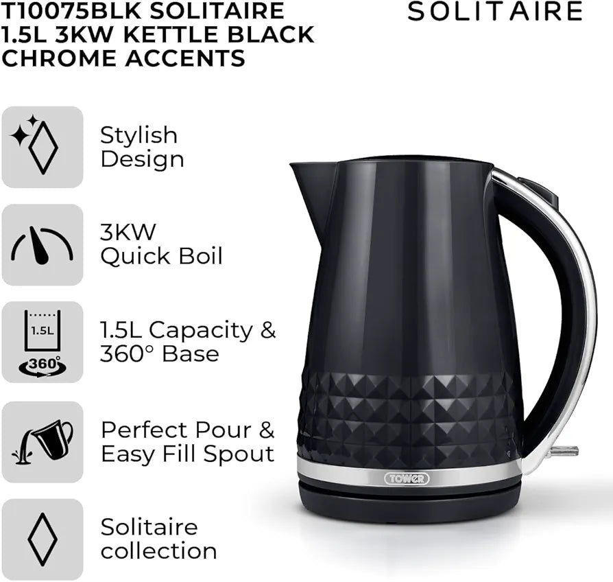 Tower T10075BLK Solitaire Kettle with 360° Swivel Base Cord Storage 1.5L 3KW Black and Chrome Accents