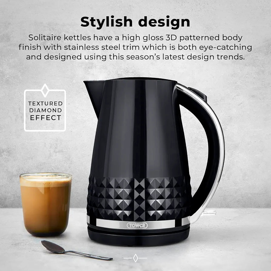 Tower T10075BLK Solitaire Kettle with 360° Swivel Base Cord Storage 1.5L 3KW Black and Chrome Accents