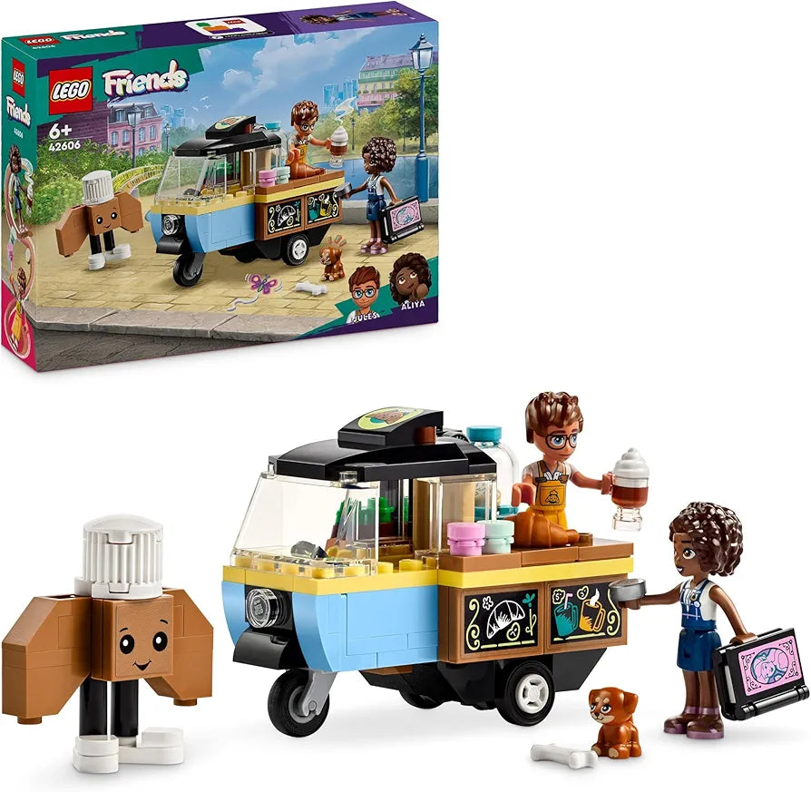 LEGO Friends Mobile Bakery Food Cart Toy for 6 Plus Year Old Girls, Boys & Kids, Vehicle Playset, Includes, Aliya and Jules Mini-Doll Characters and Aira Pet Dog Figure 42606