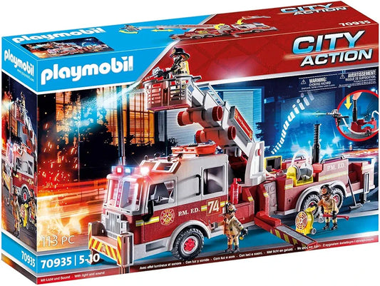 Playmobil City Action 70935 Rescue Vehicles: Fire Engine with Tower Ladder, With Light and Sound, Fire Engine Toys for Children Ages 5+