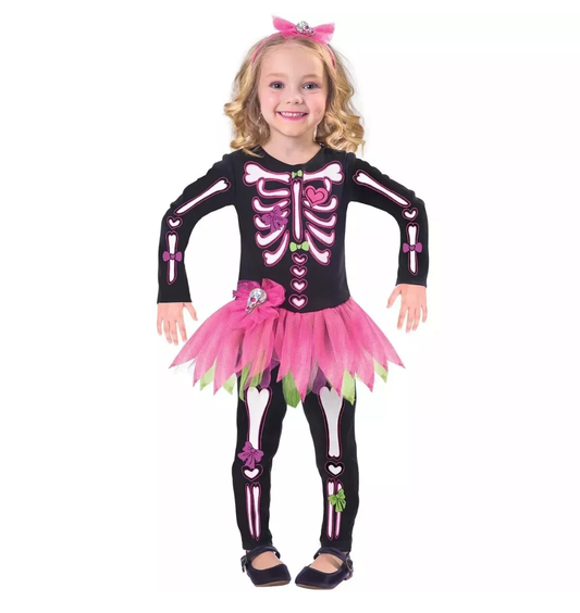 Toddlers Girls 6-8 yrs Skeleton Bones Costume Childs Halloween Fancy Dress Kids