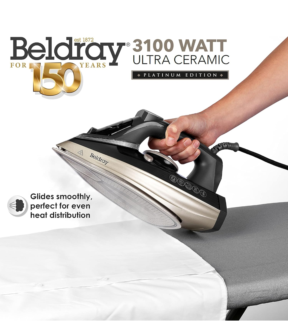 Beldray BEL0820PL Ultra Ceramic 3100W Steam Iron - Dual Soleplate Technology, Variable Temperature Control & Continuous Steam, Easy Grip Handle, 300ml Water Tank, Anti-Calc/Drip Function, Platinum