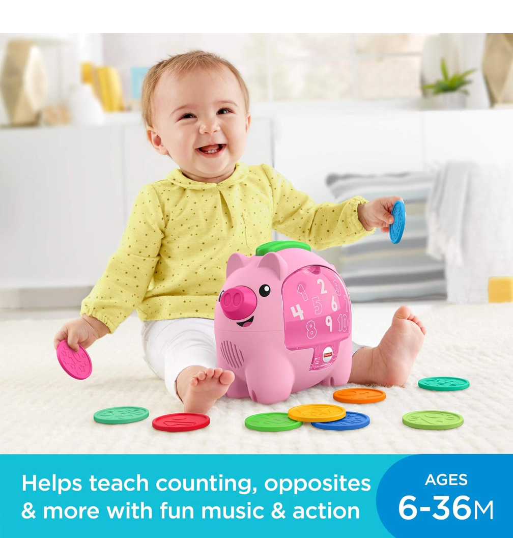 Fisher-Price Laugh & Learn Count & Rumble Piggy Bank, musical baby toy with fun motion action, GJC68