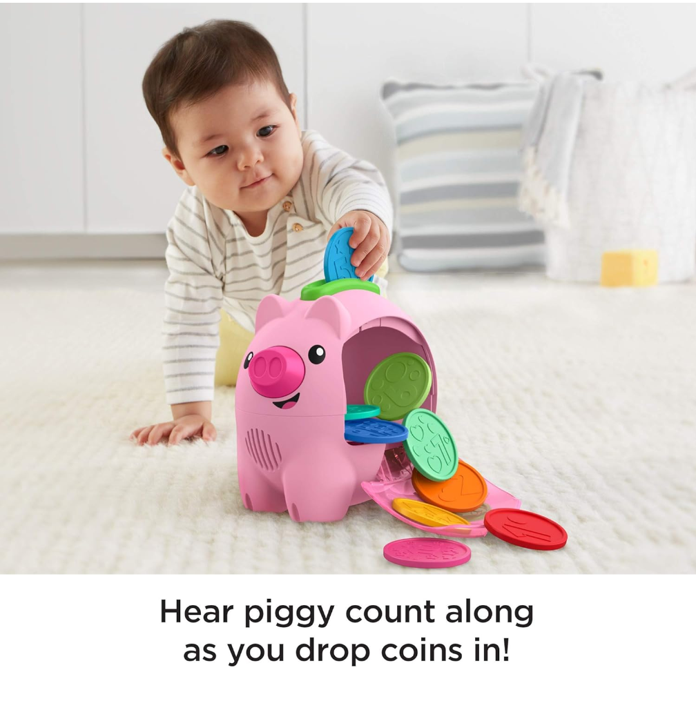 Fisher-Price Laugh & Learn Count & Rumble Piggy Bank, musical baby toy with fun motion action, GJC68