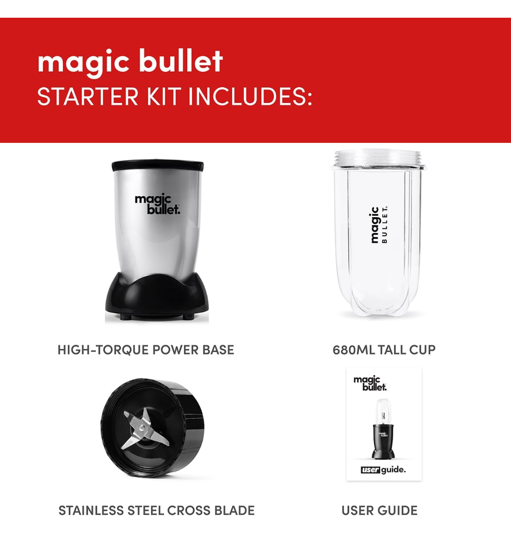 nutribullet magic bullet Starter Kit - All-in-one Food Processor & Blender - 10,000 RPM Speed - 4 Piece Kit with 1x High Torque Power Base, 1x Tall Cup & Flip Top Lid & 1x Cross Blade - For Meal Prep