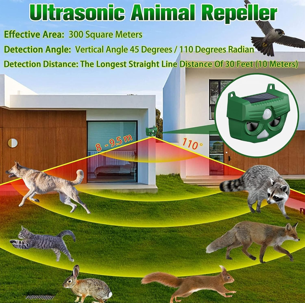 Cat Repellent, 2024 Upgraded Ultrasonic Animal Repeller, 5 Modes Solar and Rechargable Animal Deterrent for Deer Dog Rabbit Skunk Bird for Garden Outdoors (RC545)