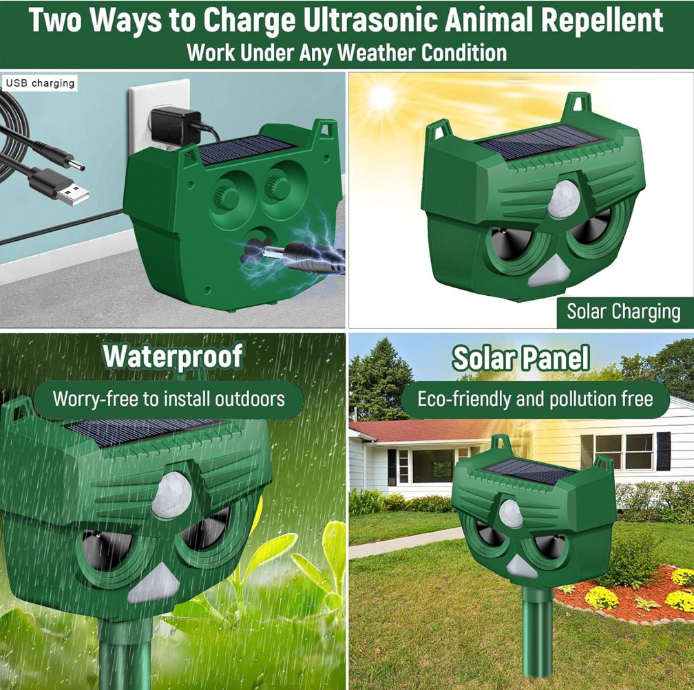 Cat Repellent, 2024 Upgraded Ultrasonic Animal Repeller, 5 Modes Solar and Rechargable Animal Deterrent for Deer Dog Rabbit Skunk Bird for Garden Outdoors (RC545)