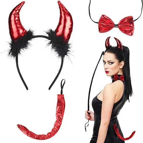 Lopotin 3 pcs Red Devil Demon Horns Tail Headbands Costume Halloween Heaven Hell